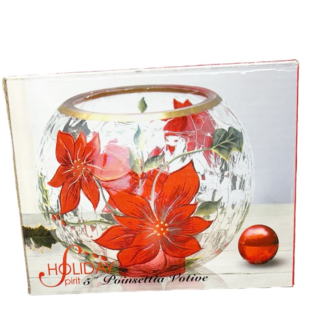 Holiday Spirit Poinsettia Crackle Glass 5" Votive Candle Holder Bowl - Picture 5 of 9